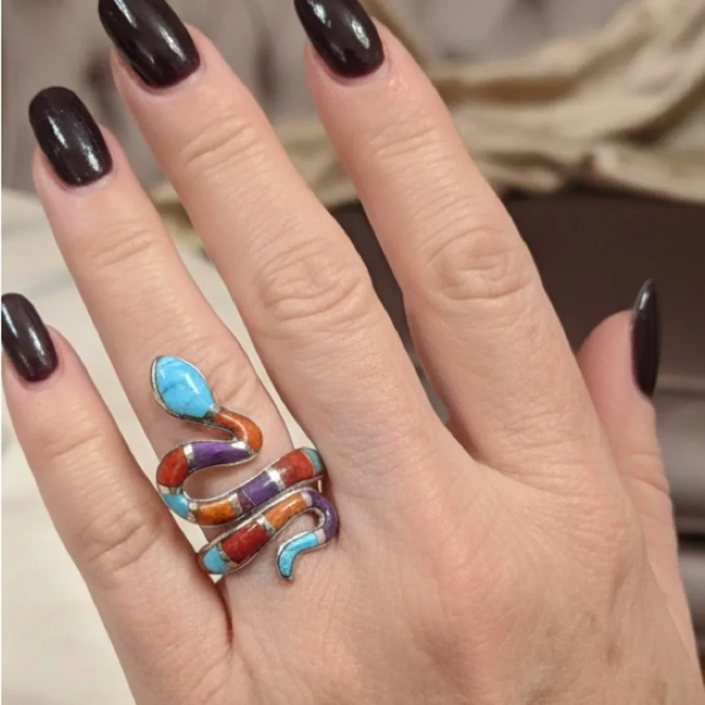 Native made Zuni Multicolor Turquoise Orange Purple Snake Ring - sterling silver - Picture 3 of 9